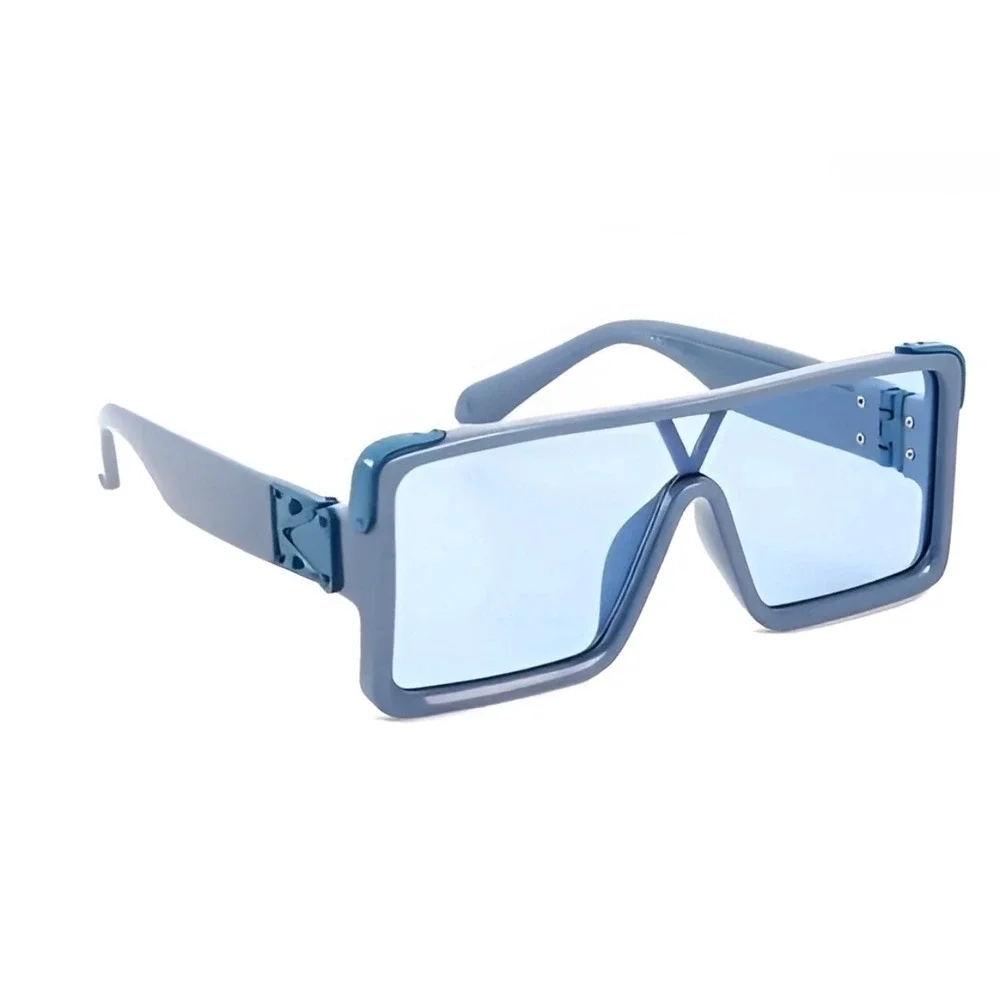 Mens Blue Oversized Square Shield Sunglasses Futuristic Flat‎ Top V-Bridge Shade